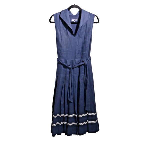Jones New York Navy Blue Linen Dress Pleated Skirt Stripes Womens 10 Nautical * - Picture 1 of 10